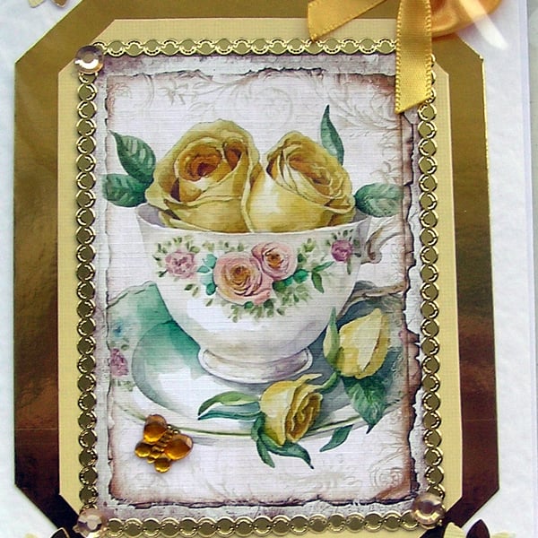 Yellow Rose Flower Hand Crafted Decoupage Greeting Card - Blank (2541)