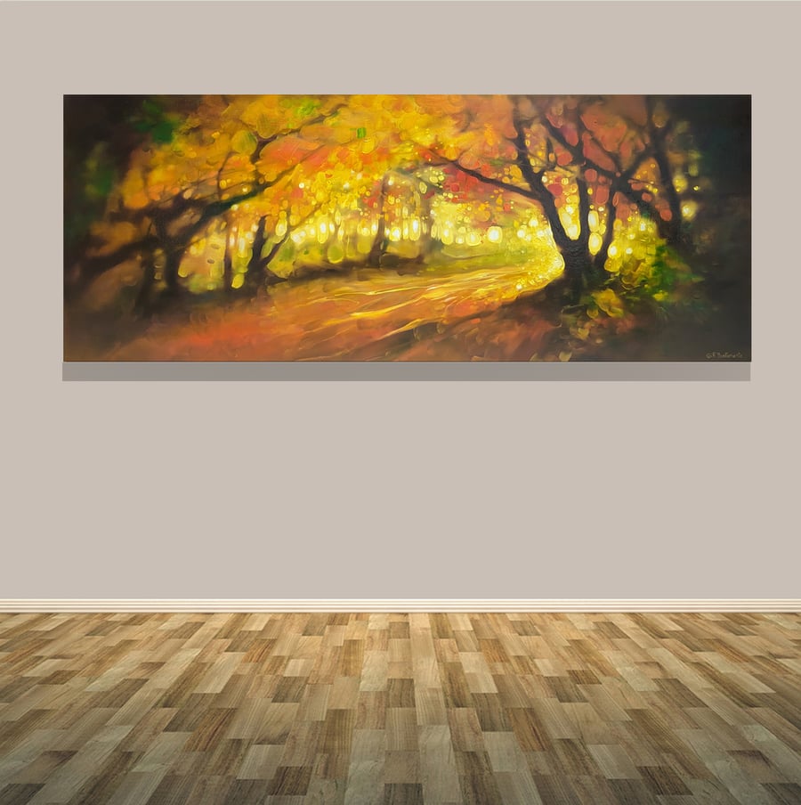 Follow the Dream, a panoramic golden autumn path painting