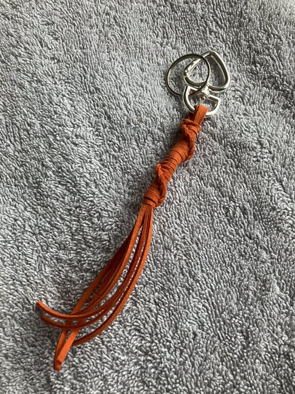 Orange-Rust Suede Keyring - Bag Charm w Silver Heart-shaped Carabiner clasp