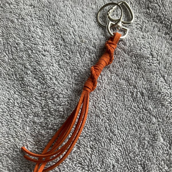 Orange-Rust Suede Keyring - Bag Charm w Silver Heart-shaped Carabiner clasp