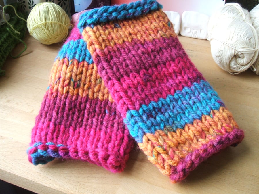 hand knitted wrist warmers or fingerless gloves - multi coloured chunky wool