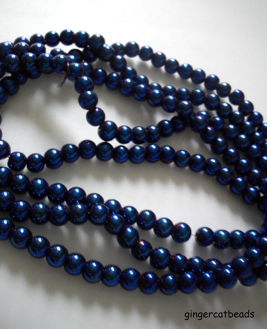50 x Electroplated Glass Beads - Round - 6mm - Blue 