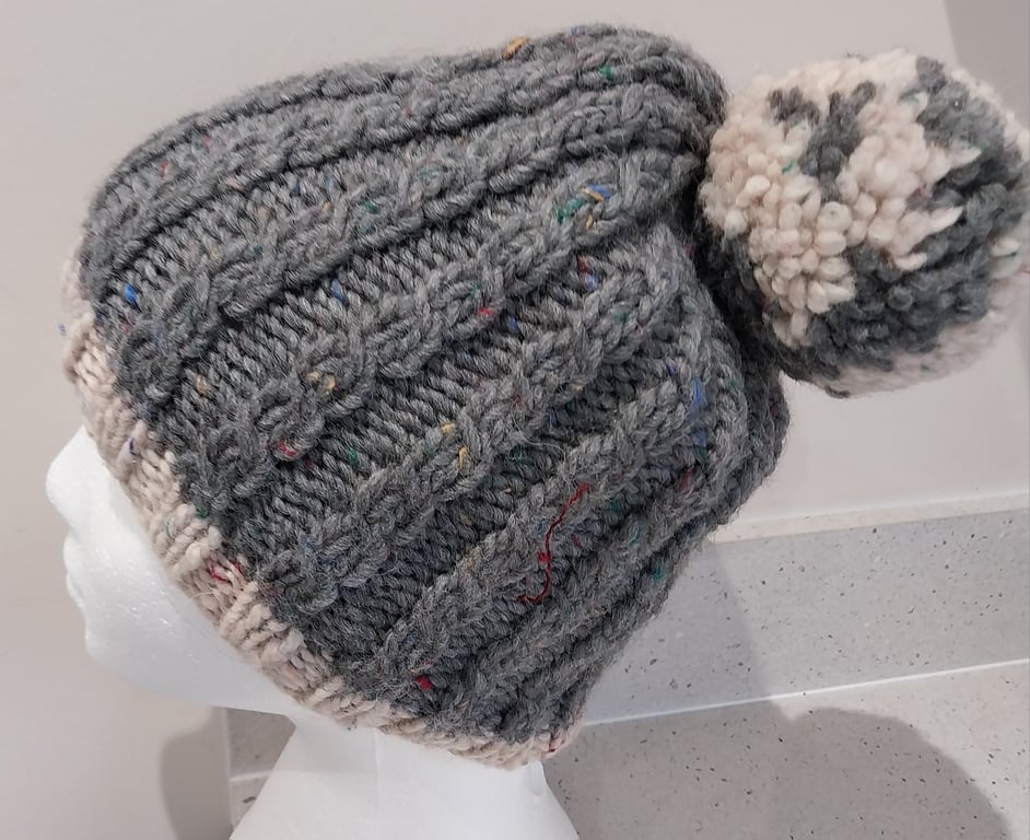 Handknit Chunky Merino Bobble Hat Cream Grey cables ML