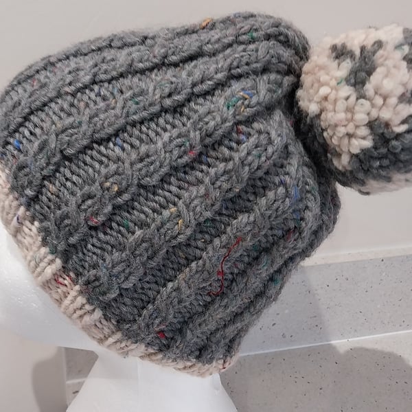 Handknit Chunky Merino Bobble Hat Cream Grey cables ML