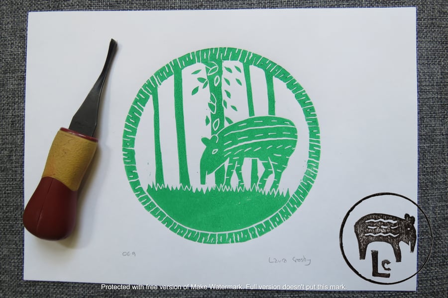 Green A4 Tapir linoprint (OE9)
