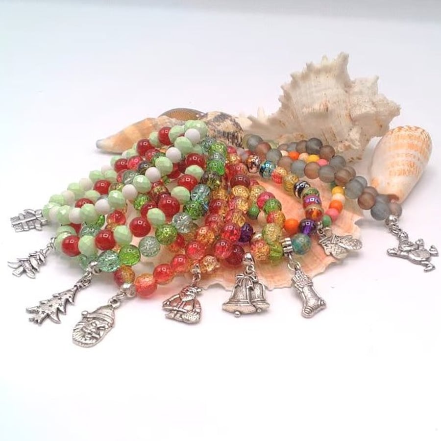 Christmas Themed Stretch Bracelets with Beads & Charms,  Secret Santa, Christmas