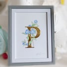 ACEO mini watercolour Periwinkle flowers with 24 Carat Gold Leaf Letter P
