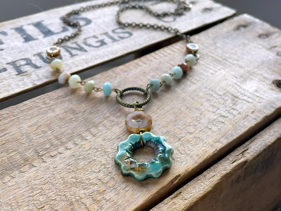 Rustic Artisan Ceramic Necklace. Amazonite Beaded Necklace. Gemstone Jewellery