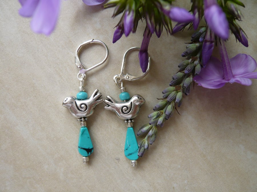 Aqua Bead Bird Earrings