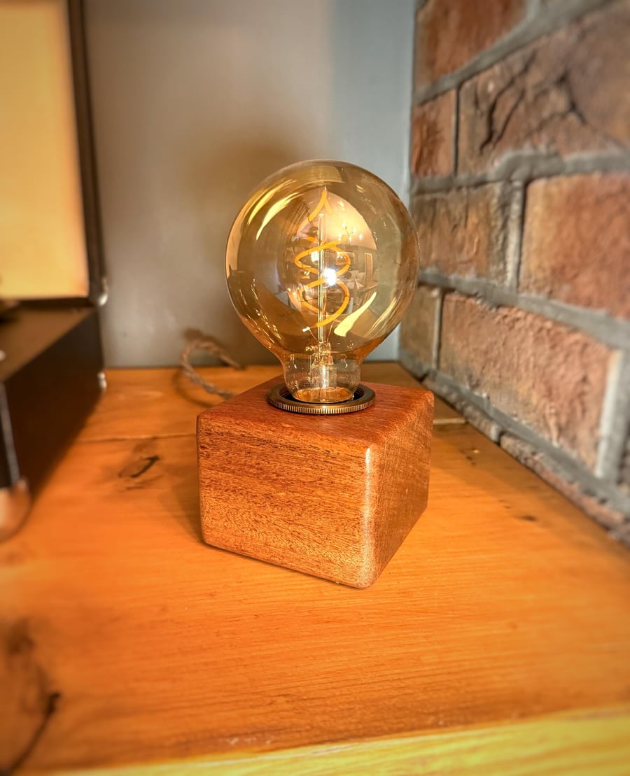 Rustic solid Iroko wood cube handmade lamp