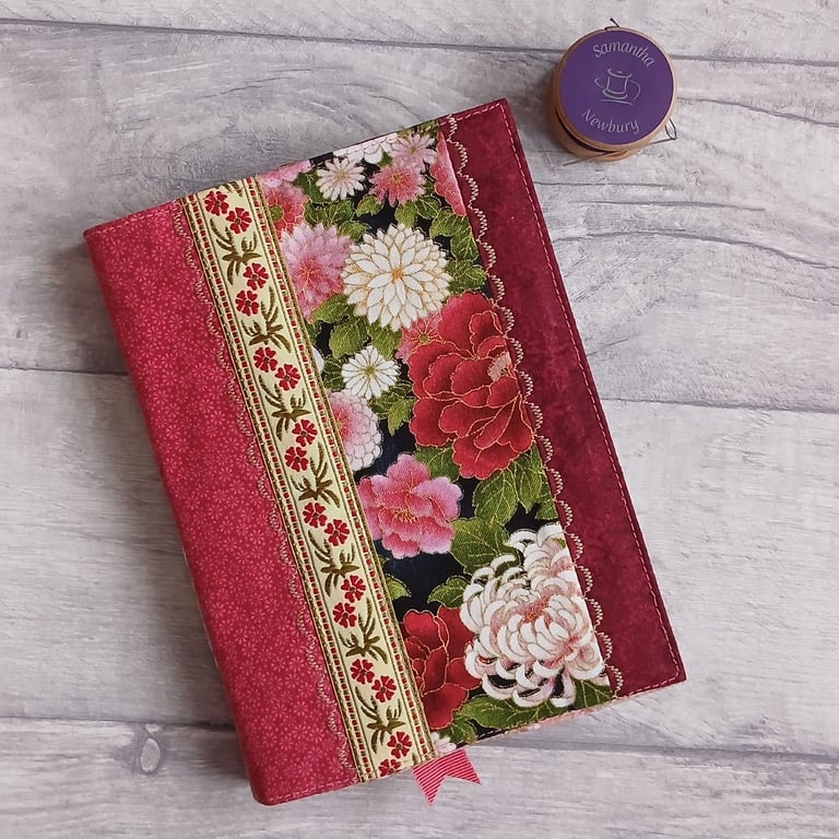 A6 Reusable Patchwork Notebook Cover - Japanese Prints in Pinks and Greens
