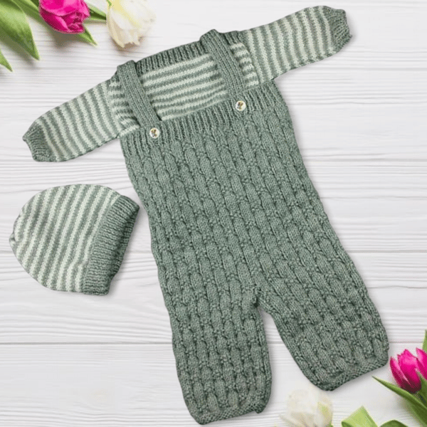 Hand knitted baby jumper dungarees and hat set grey and white  