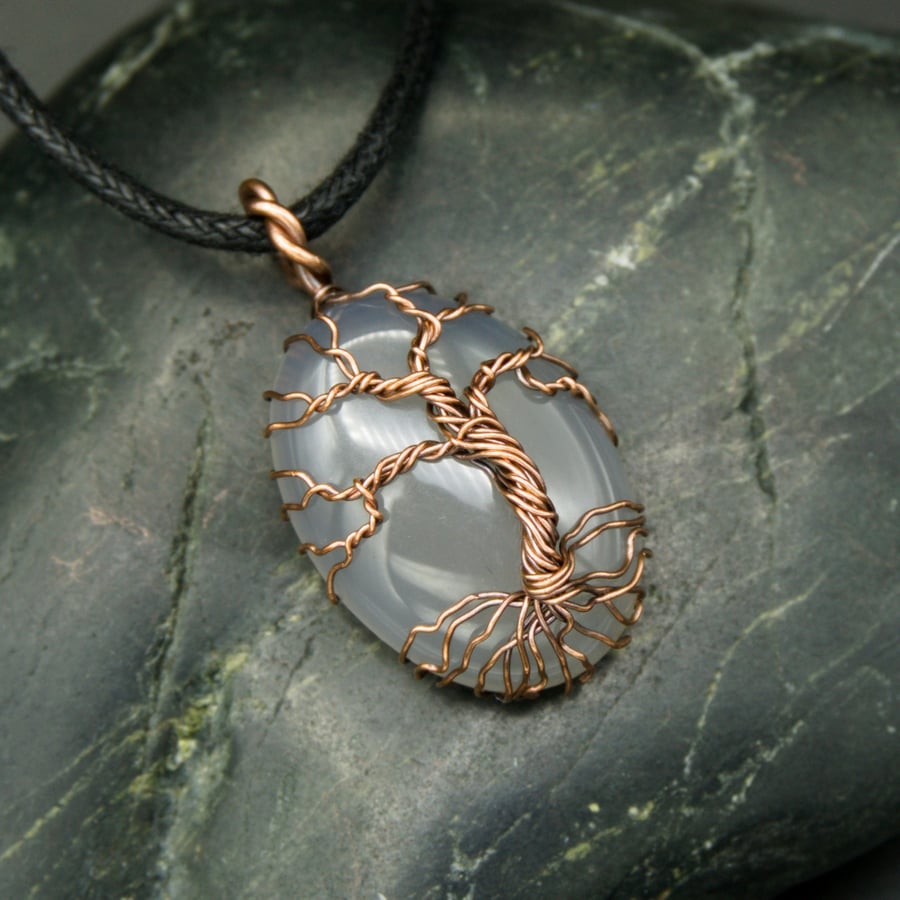 Copper Wire Wrapped Tree of Life Pendant with Translucent White Stone