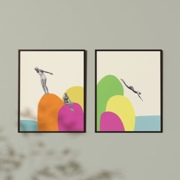 Sea Swimming Coastal Art Print Set - Summer