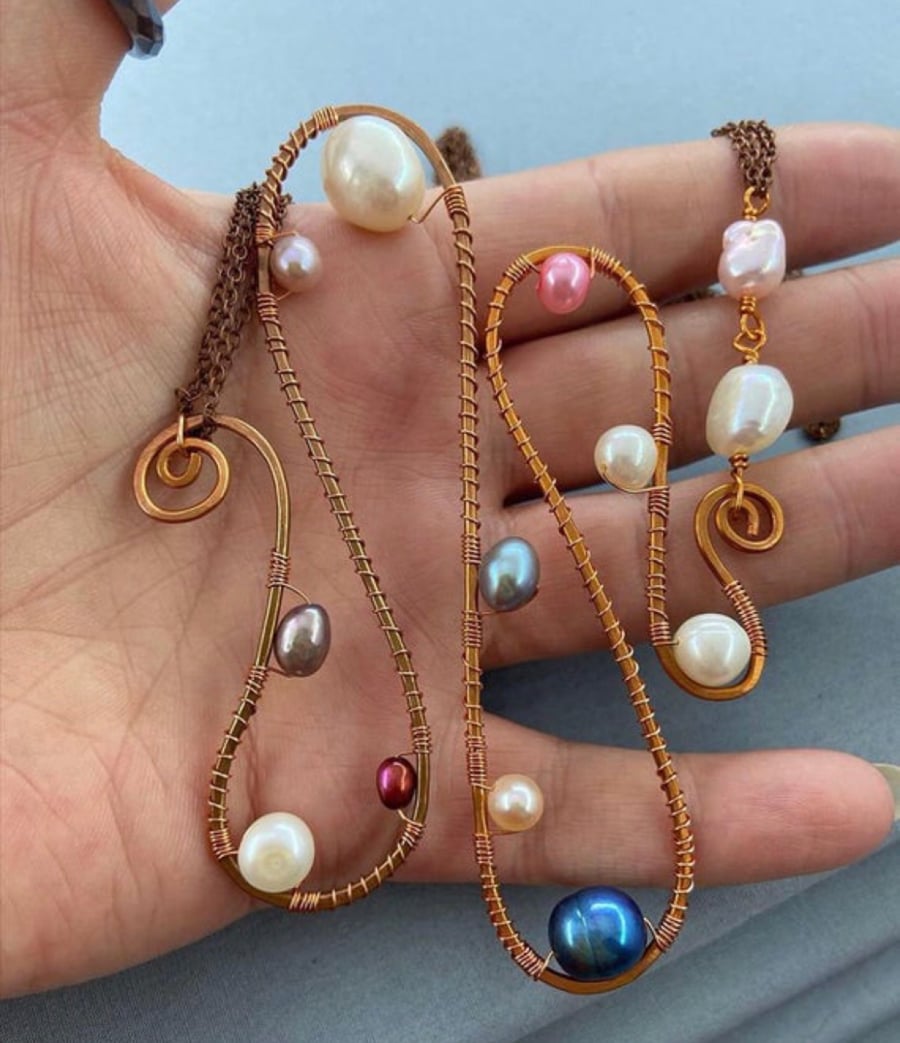 Quirky Multicoloured Cultured Pearl Copper Abstract Squiggle Necklace