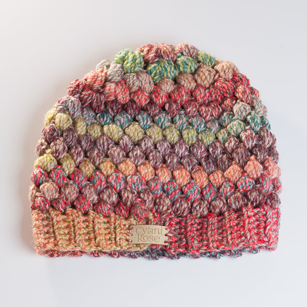 Hat-handmade crochet puff stitch beanie hat autumnal colours