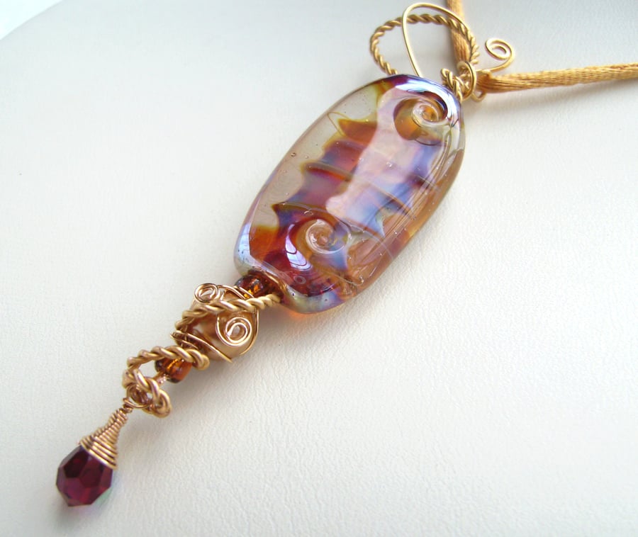 Oasis Swirls - gold plated wirework lampwork pendant necklace