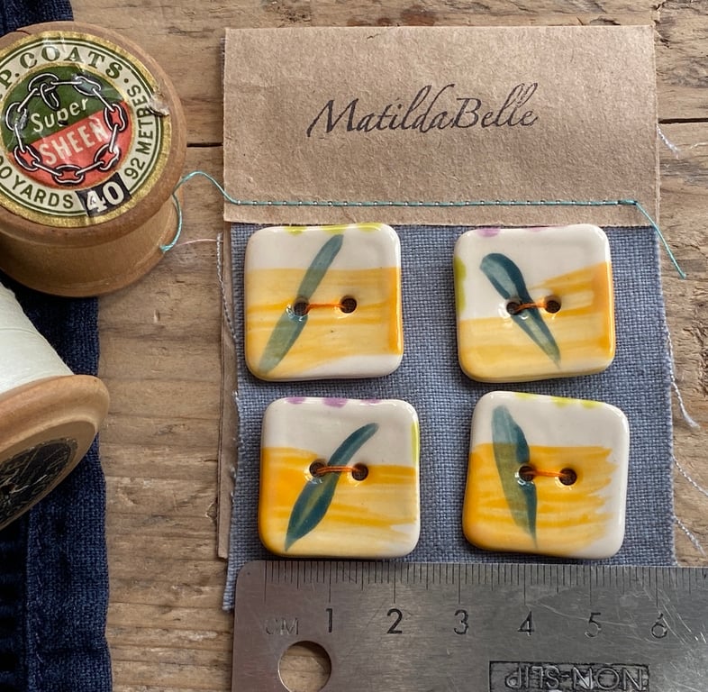 Buttons 25mm handmade ceramic set of four square orange buttons