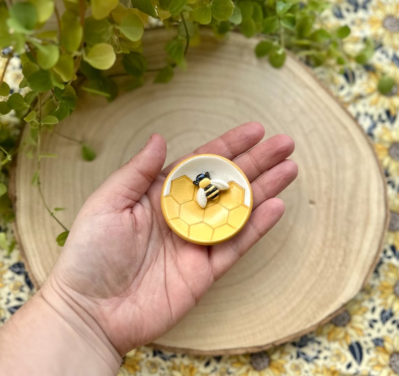 Bee & Honeycomb Mini Ring Dish - Handmade Clay Jewellery Dish - Bee Lover Gift
