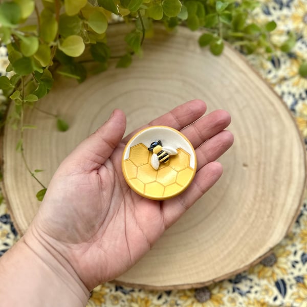 Bee & Honeycomb Mini Ring Dish - Handmade Clay Jewellery Dish - Bee Lover Gift
