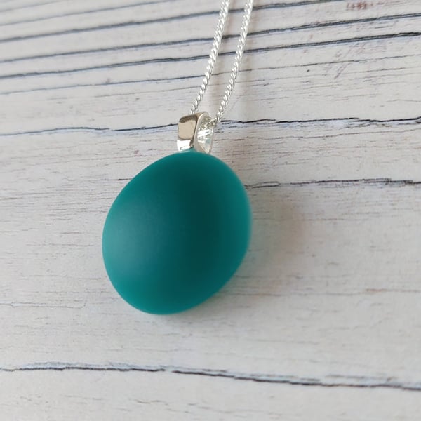 Teal frosted glass pendant with chain