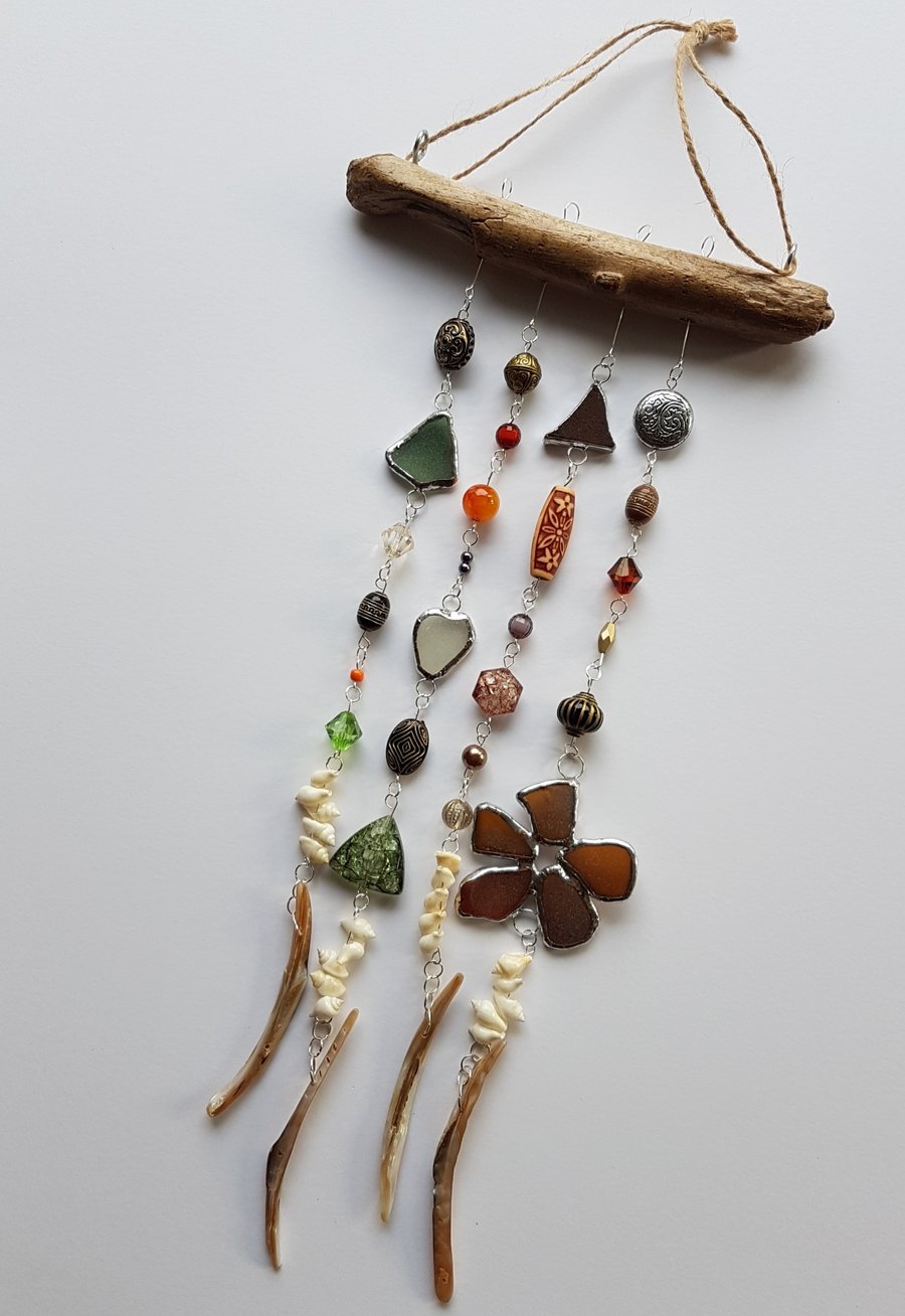 Sea Glass Suncatcher, Wind Chime Mobile, Hanging Decoration, Brown Flower