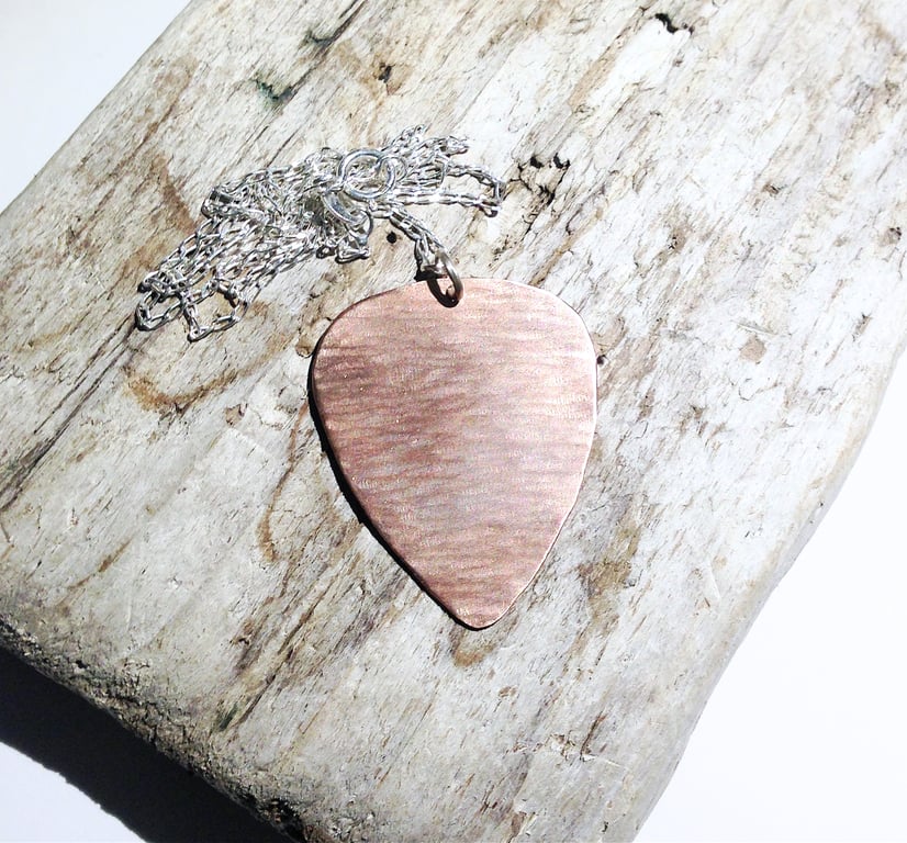 Hammer Textured Copper Plectrum Pendant Necklace - UK Free Post