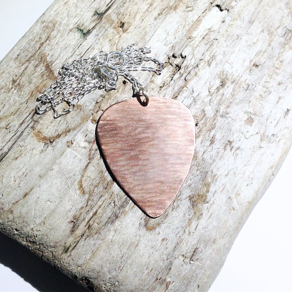 Hammer Textured Copper Plectrum Pendant Necklace - UK Free Post