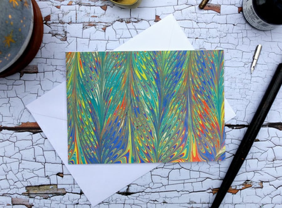 Multicoloured marbled paper art greetings note card 