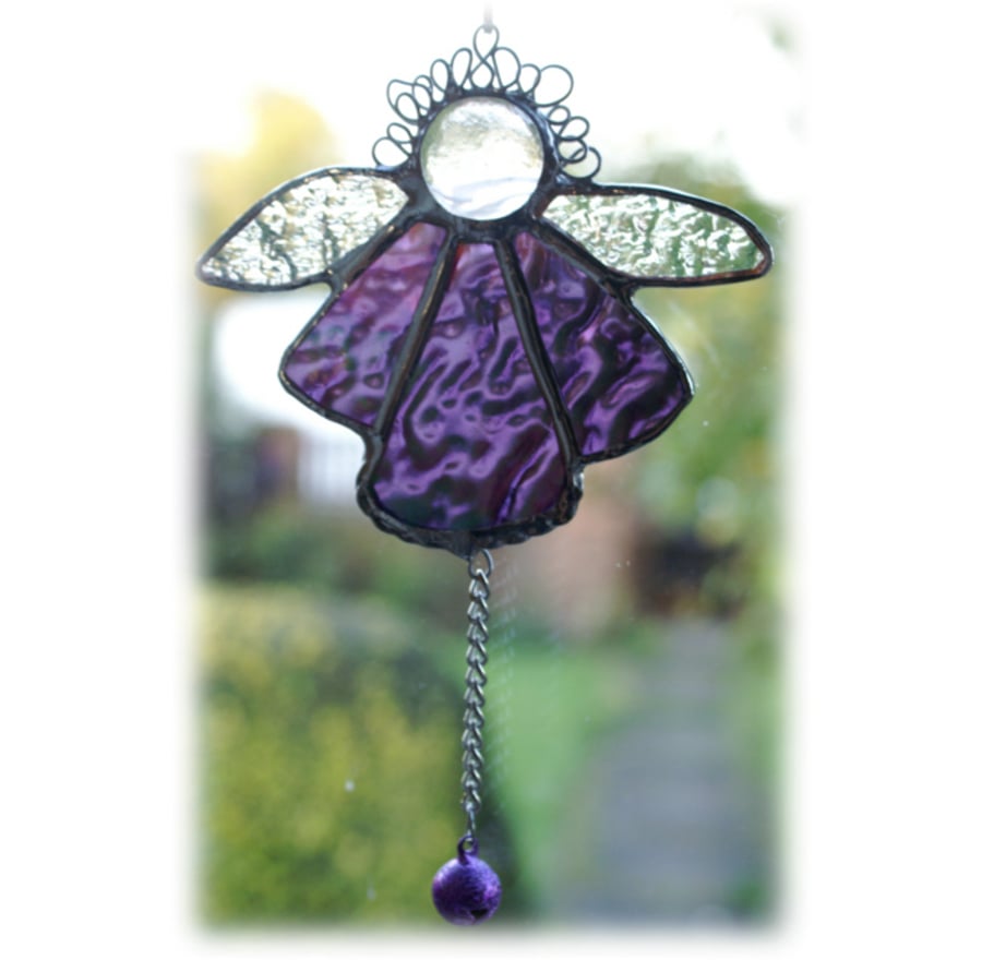 SOLD Angel Bell Suncatcher Stained Glass Shiny Purple
