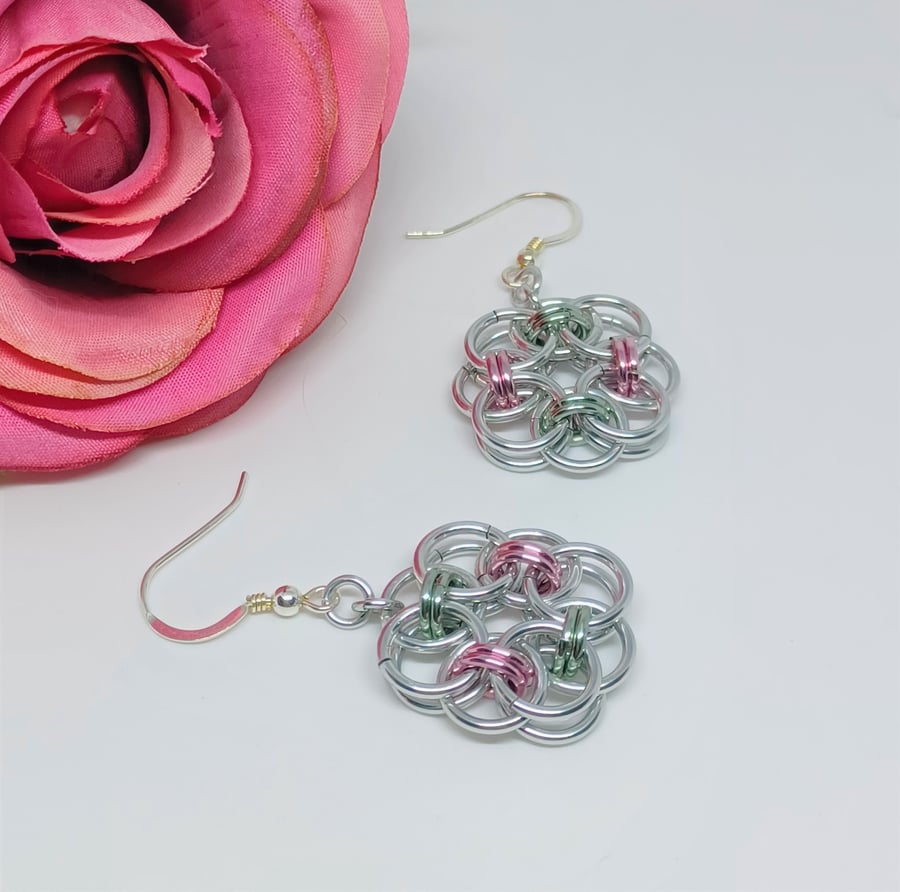 Helms Weave Chainmaille Earrings, Unicorn Colour Earrings, Anodised Aluminium Ea