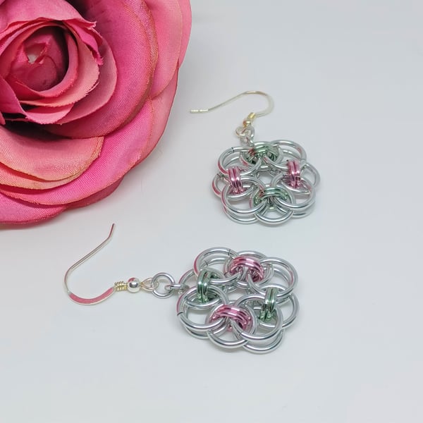 Helms Weave Chainmaille Earrings, Unicorn Colour Earrings, Anodised Aluminium Ea