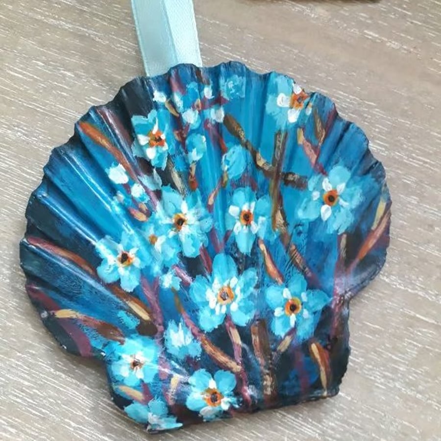 'Blue forget me knots' Handpainted king scallop shell wall art.  