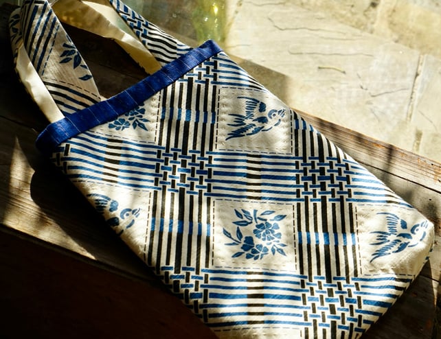 Hand-Printed Cotton Tote Bag, Floral Swallow Motif Everyday Bag