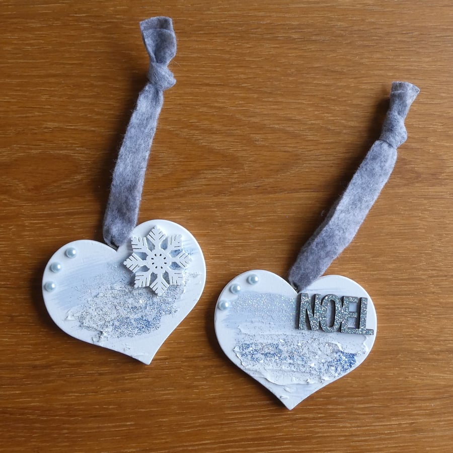 Pair of Hanging Heart Christmas Decorations - Blue