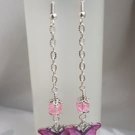 Gorgeous Dangly Pink Butterfly Earrings - Silver Tones.