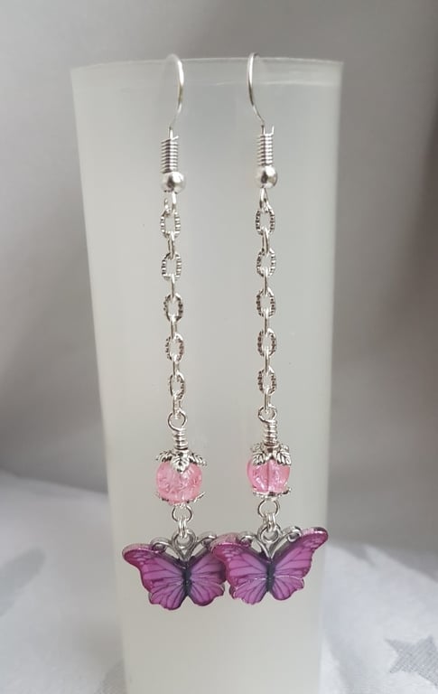 Gorgeous Dangly Pink Butterfly Earrings - Silver Tones.