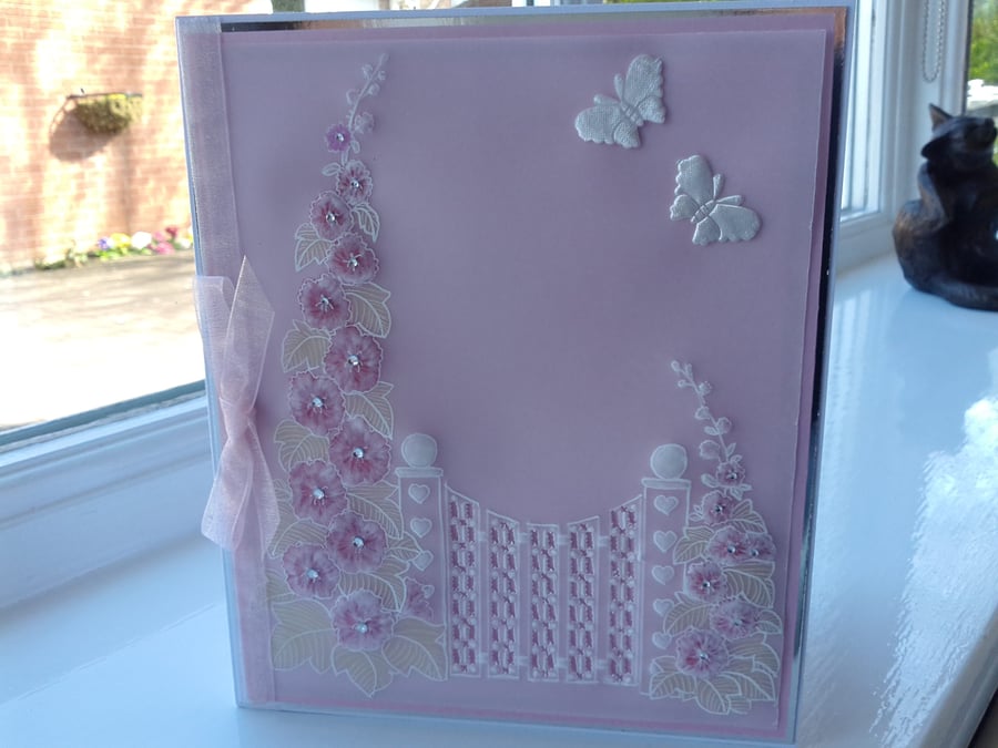 Pink hollyhock parchment card