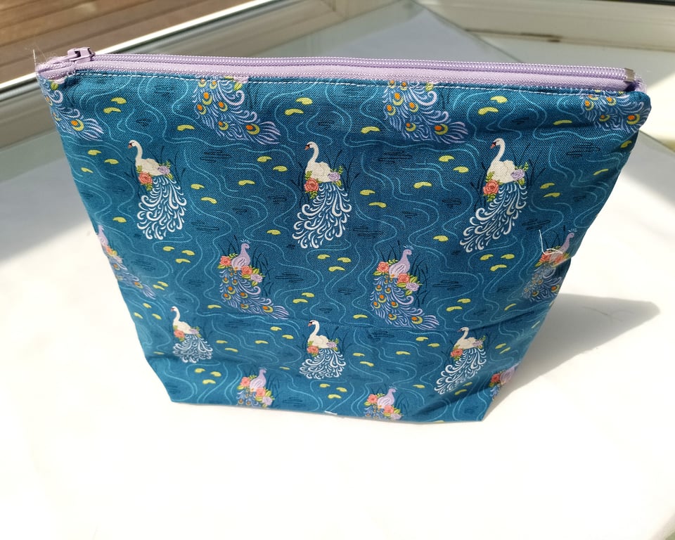 Navy Blue Peacock Themed Handmade Cosmetic Storage Pouch