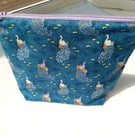 Navy Blue Peacock Themed Handmade Cosmetic Storage Pouch