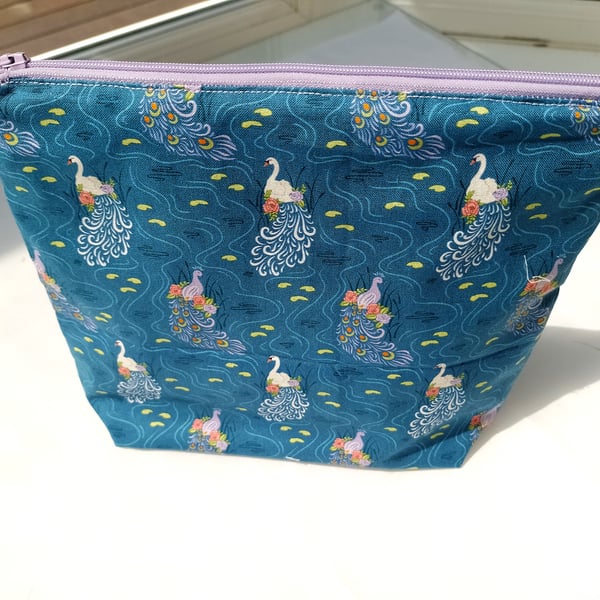 Navy Blue Peacock Themed Handmade Cosmetic Storage Pouch
