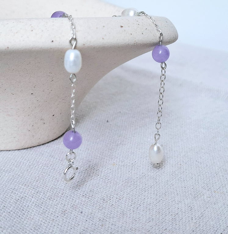 Dainty Purple Gemstone Bracelet, Freshwater Pearl & Lavender Aventurine