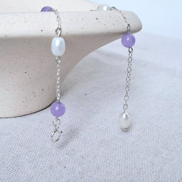 Dainty Purple Gemstone Bracelet, Freshwater Pearl & Lavender Aventurine, Sterlin