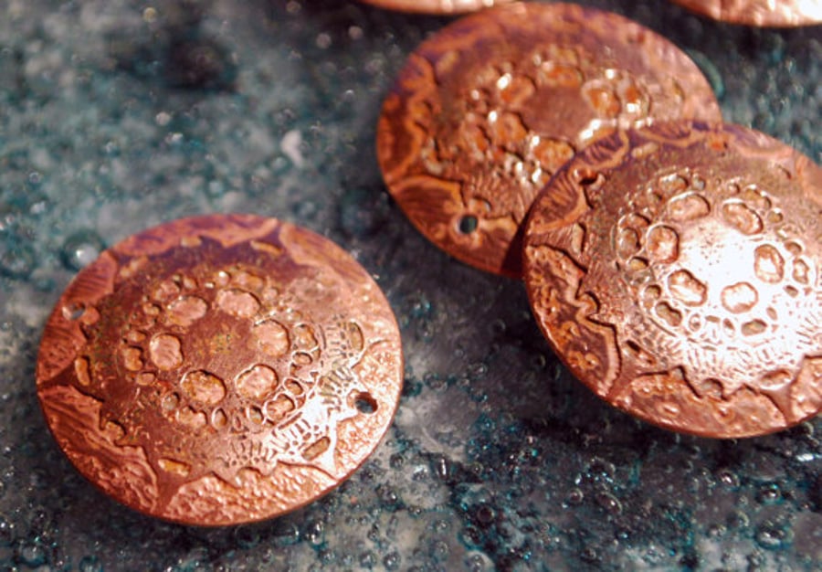 Etched Copper Spacer Disks - copper flower - drilled spacer disks