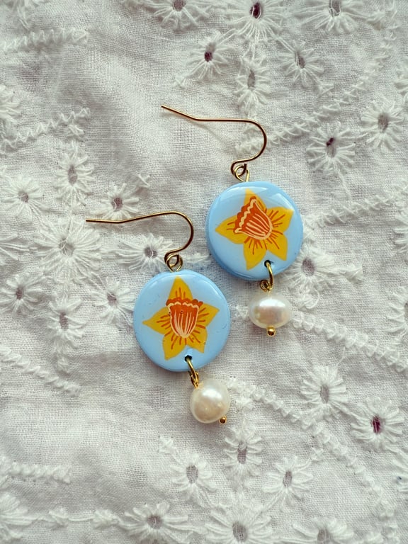 Powder Blue Yellow Daffodil Pearl Drop Earrings, FREE DELIVERY