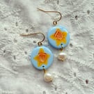 Powder Blue Yellow Daffodil Pearl Drop Earrings, FREE DELIVERY