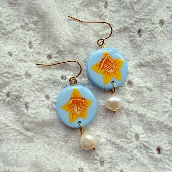 Powder Blue Yellow Daffodil Pearl Drop Earrings, FREE DELIVERY