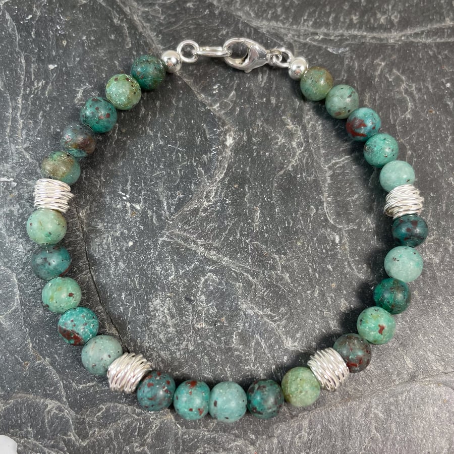 Chrysocolla and silver bead bracelet