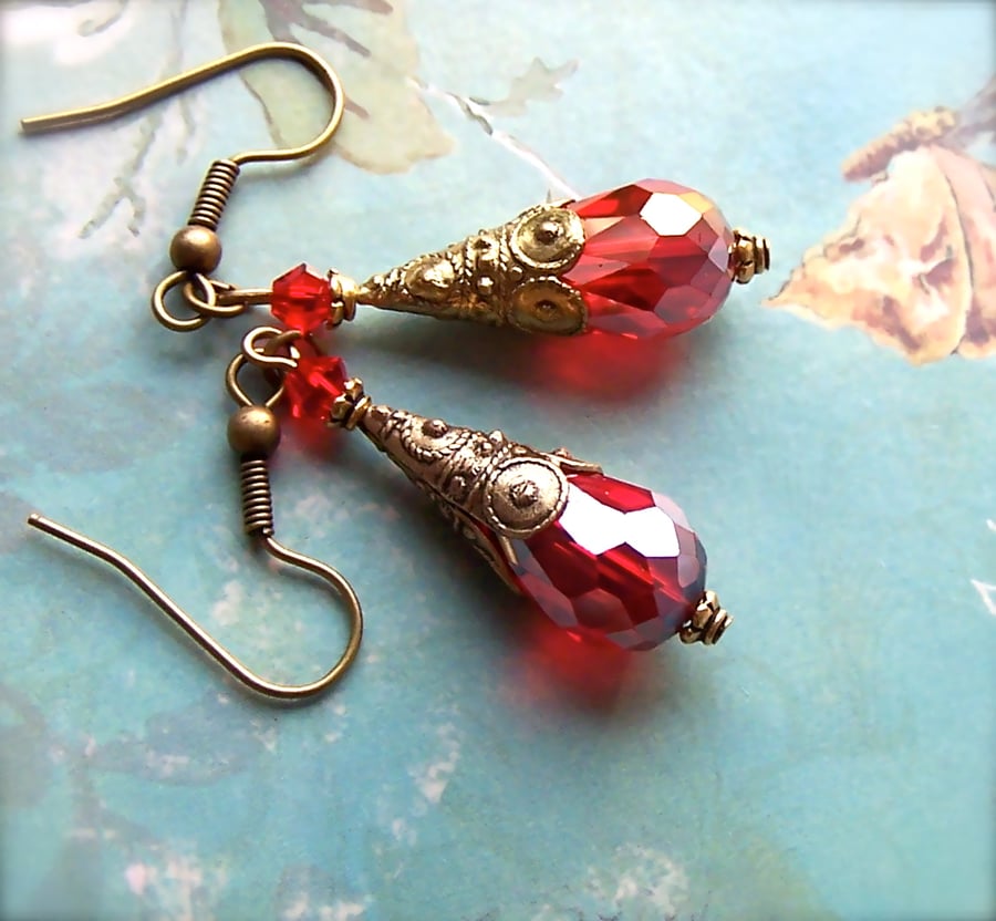 Red Crystal Earrings, Dangle Bead Earrings, Vintage Style 