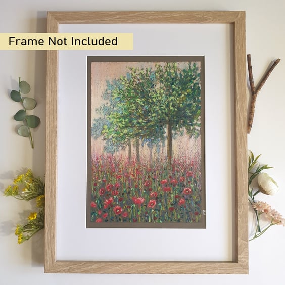 Tree in a patch of poppies, original oil pastel painting, A4 wall art, artwork